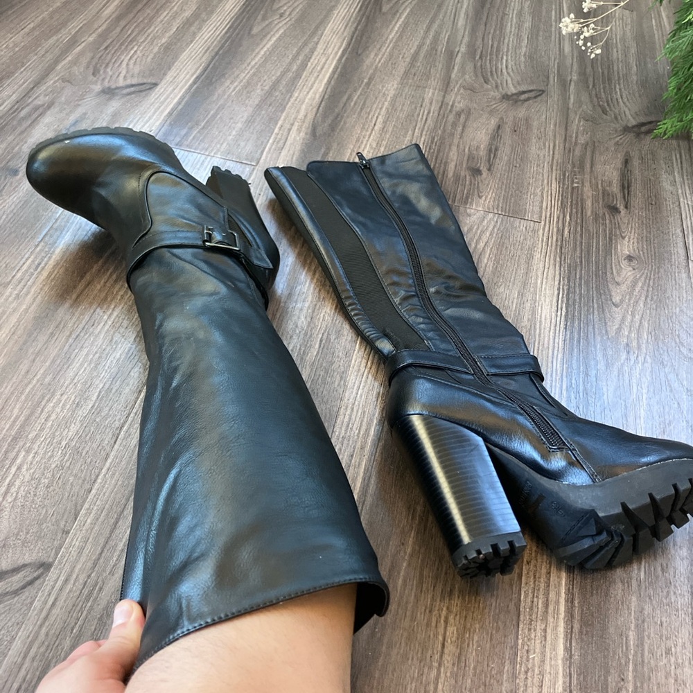 Black Over the Knee Boots with Sleek Leather and Platform Sole